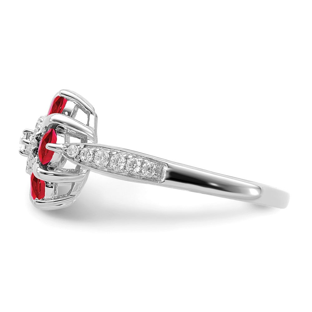 14K Weißgold Ring mit Rubin und echten Diamanten, Blumendesign
