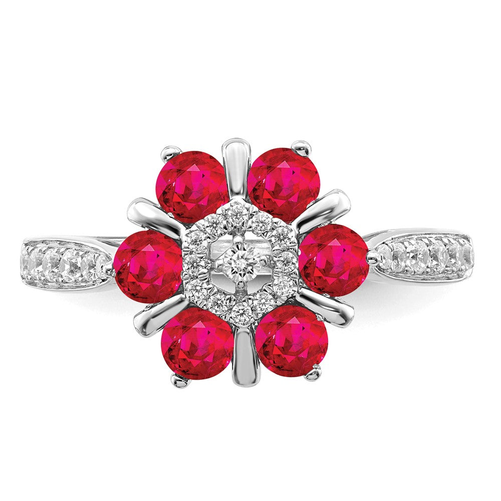 14K Weißgold Ring mit Rubin und echten Diamanten, Blumendesign