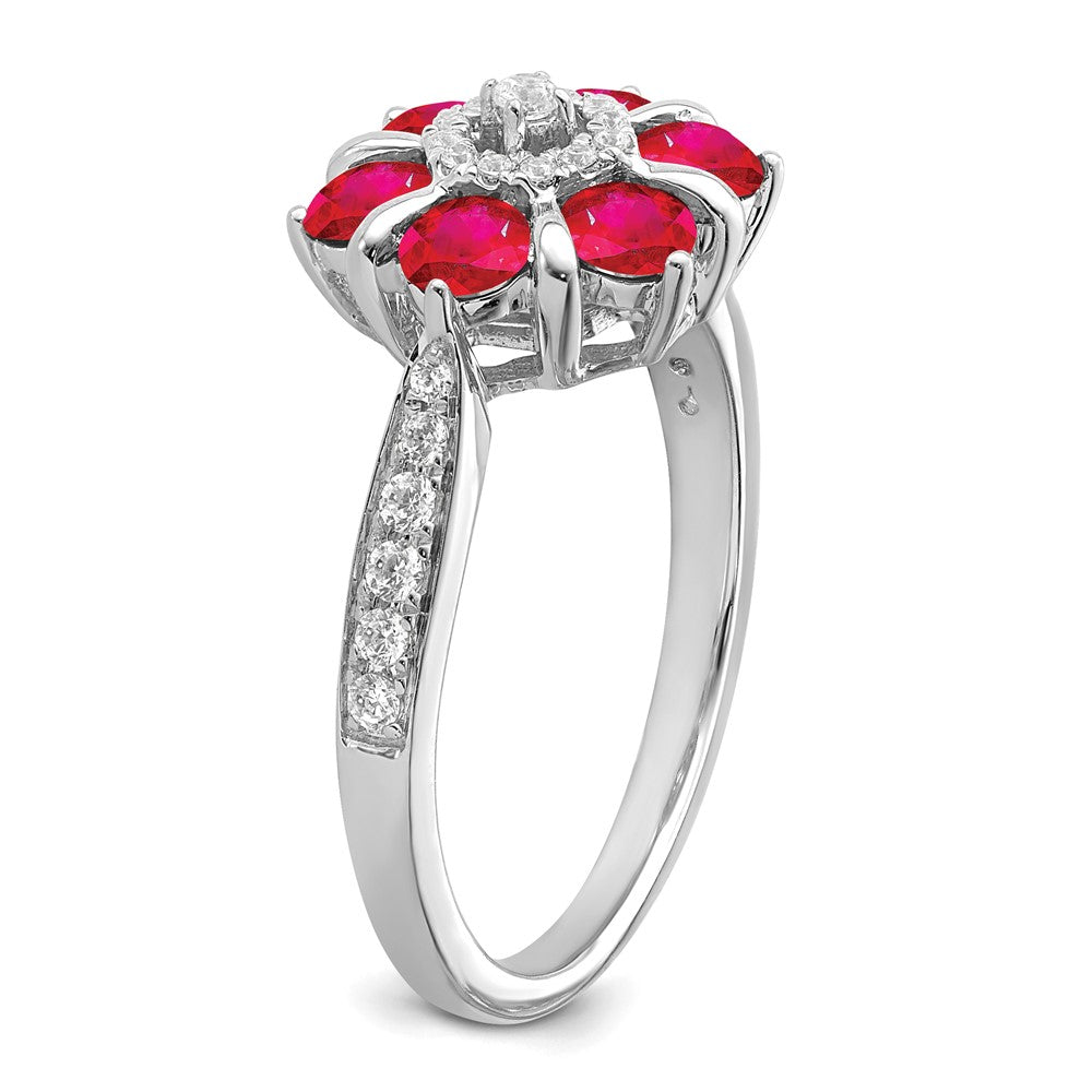 14K Weißgold Ring mit Rubin und echten Diamanten, Blumendesign