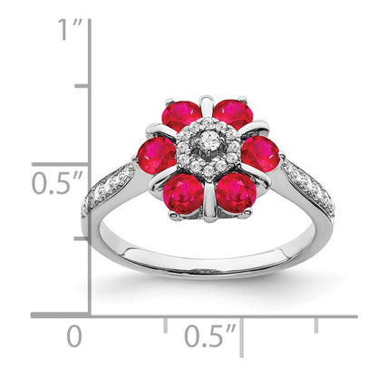 14K Weißgold Ring mit Rubin und echten Diamanten, Blumendesign