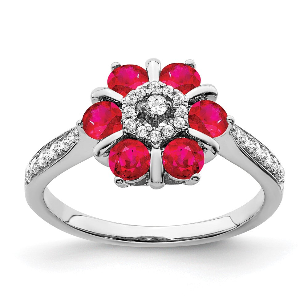 14K Weißgold Ring mit Rubin und echten Diamanten, Blumendesign
