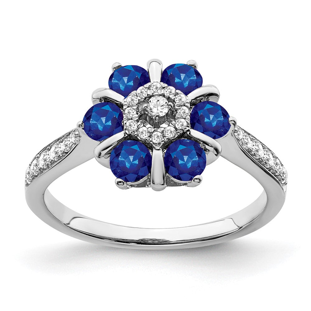 14K Weißgold Ring mit Saphir und echten Diamanten im Blumendesign