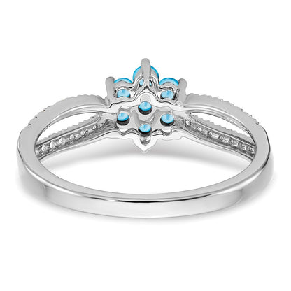 14K Weißgold Ring mit Blautopas und echten Diamanten in Blumendesign