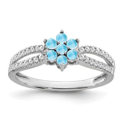 14K Weißgold Ring mit Blautopas und echten Diamanten in Blumendesign