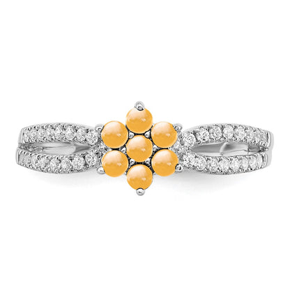 14K Weißgold Ring mit Citrin und echten Diamanten in Blumendesign