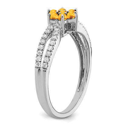 14K Weißgold Ring mit Citrin und echten Diamanten in Blumendesign