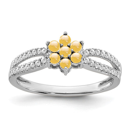 14K Weißgold Ring mit Citrin und echten Diamanten in Blumendesign