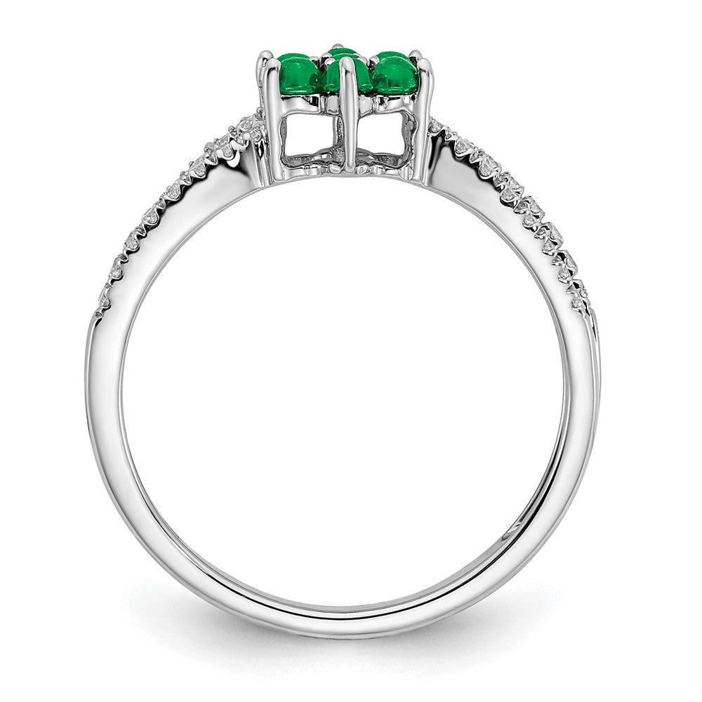 14K Weißgold Ring mit Smaragd und echten Diamanten in Blütendesign