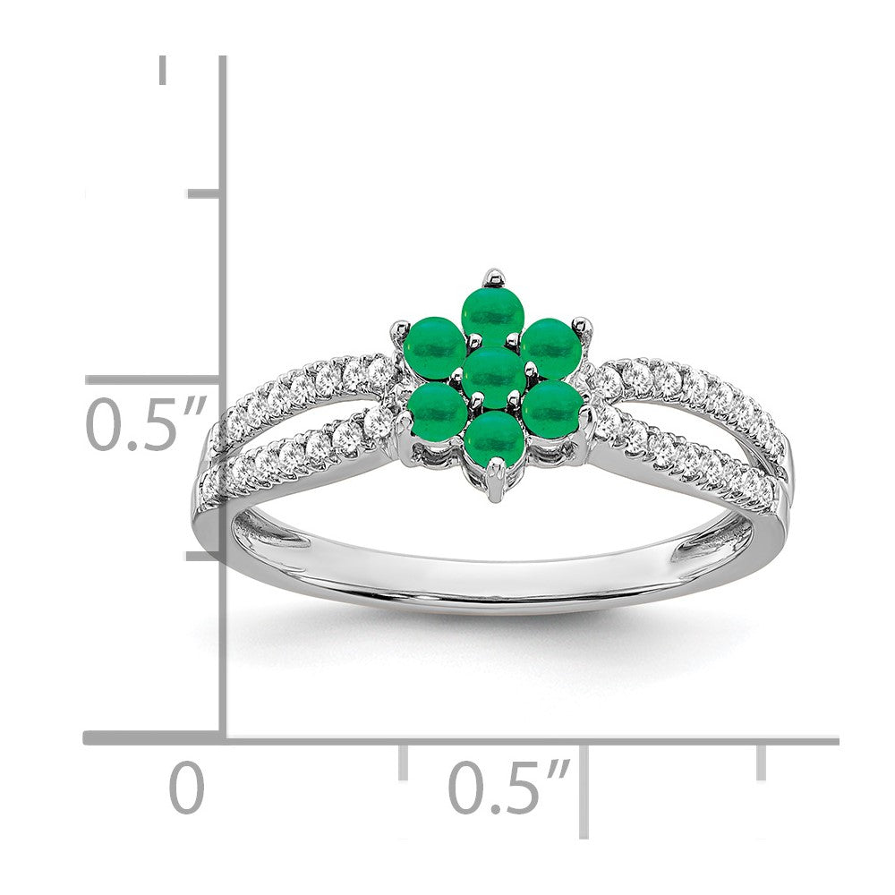 14K Weißgold Ring mit Smaragd und echten Diamanten in Blütendesign