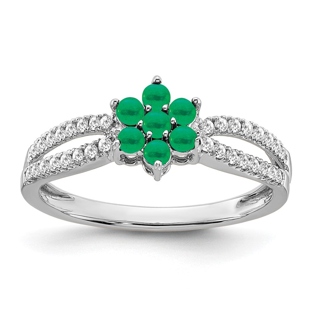 14K Weißgold Ring mit Smaragd und echten Diamanten in Blütendesign