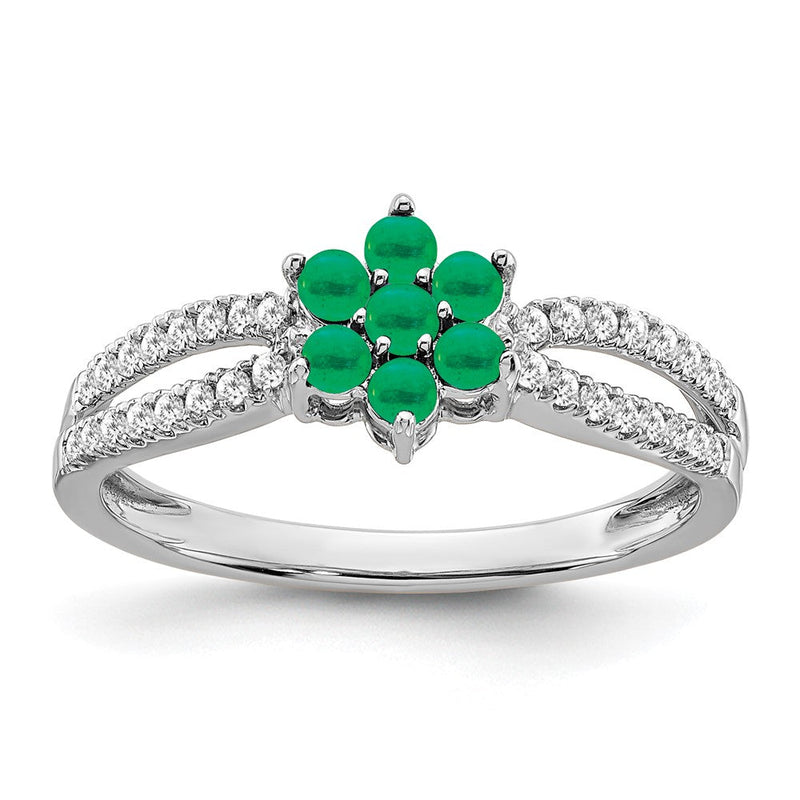 14K Weißgold Ring mit Smaragd und echten Diamanten in Blütendesign