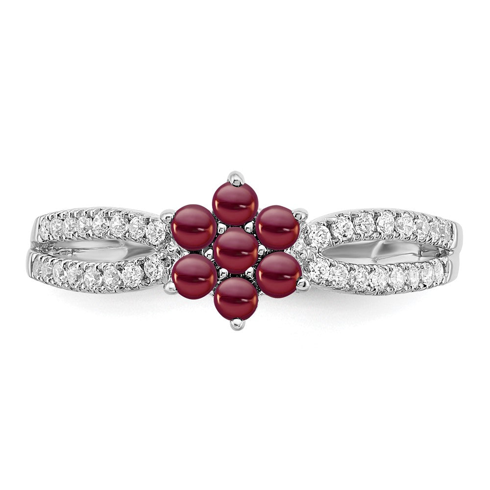 14K Weißgold Ring mit Granat und echten Diamanten, Blumendesign