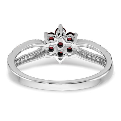 14K Weißgold Ring mit Granat und echten Diamanten, Blumendesign