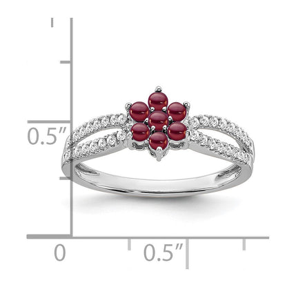 14K Weißgold Ring mit Granat und echten Diamanten, Blumendesign
