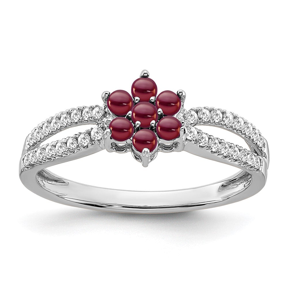 14K Weißgold Ring mit Granat und echten Diamanten, Blumendesign