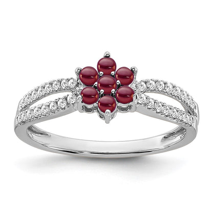 14K Weißgold Ring mit Granat und echten Diamanten, Blumendesign
