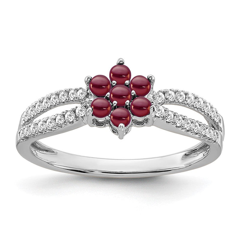 14K Weißgold Ring mit Granat und echten Diamanten, Blumendesign