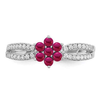 14K Weißgold Ring mit Rubin und echtem Diamant in Blumendesign