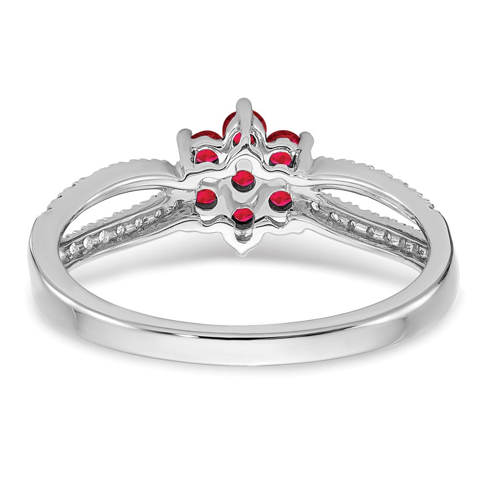 14K Weißgold Ring mit Rubin und echtem Diamant in Blumendesign
