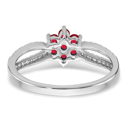 14K Weißgold Ring mit Rubin und echtem Diamant in Blumendesign