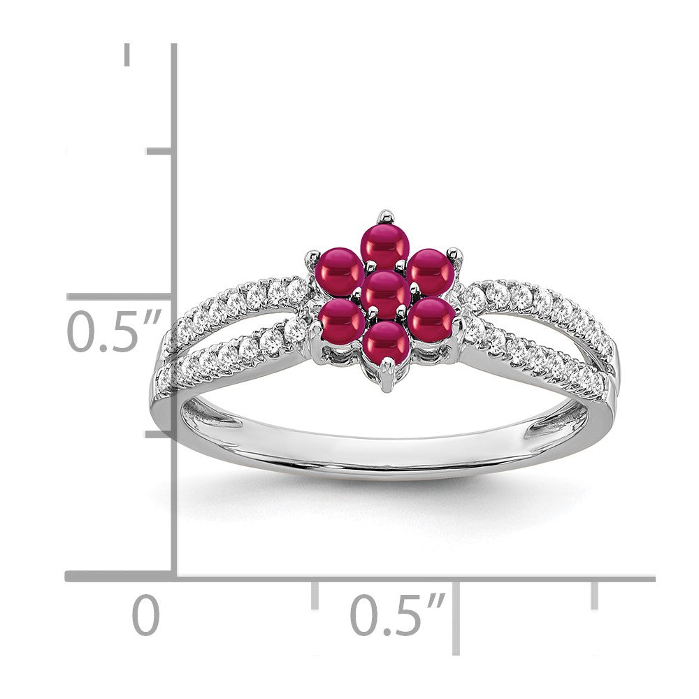 14K Weißgold Ring mit Rubin und echtem Diamant in Blumendesign
