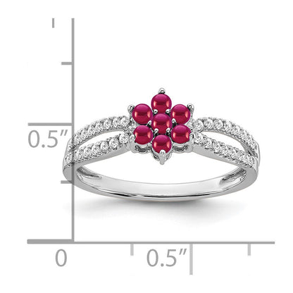 14K Weißgold Ring mit Rubin und echtem Diamant in Blumendesign