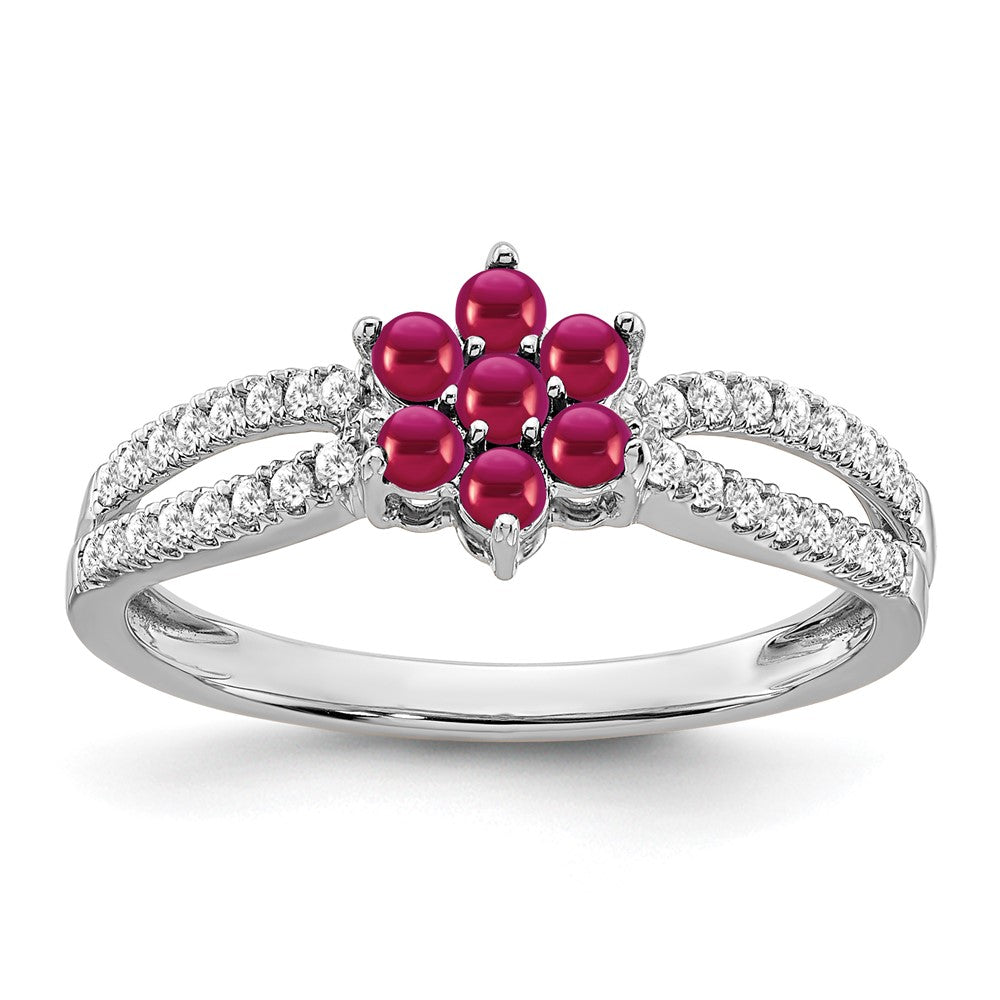 14K Weißgold Ring mit Rubin und echtem Diamant in Blumendesign