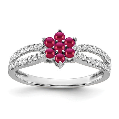 14K Weißgold Ring mit Rubin und echtem Diamant in Blumendesign