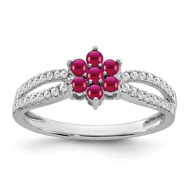 14K Weißgold Ring mit Rubin und echtem Diamant in Blumendesign