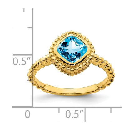 Massiv 14K Gelbgold Kissen Synthetisch Blautopas Ring