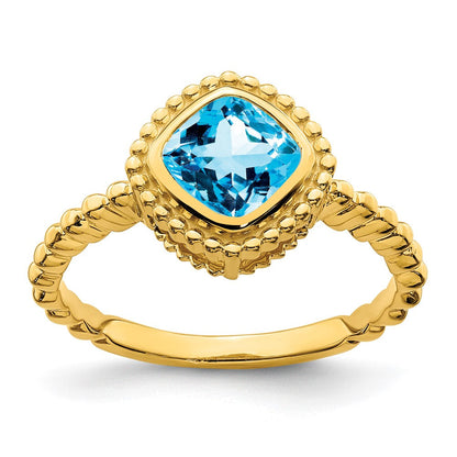 Massiv 14K Gelbgold Kissen Synthetisch Blautopas Ring