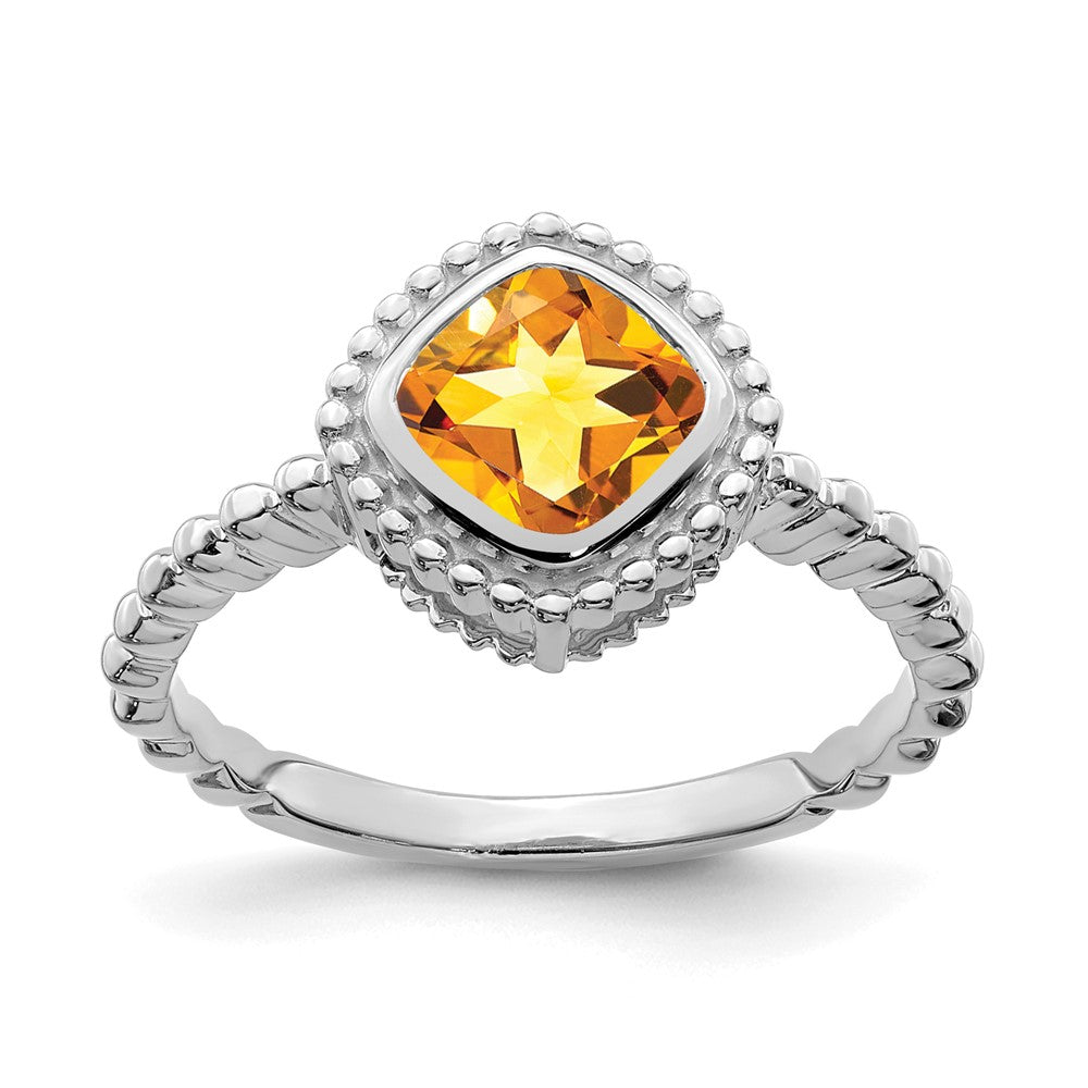 Massiv 14K Weißgold Kissen Synthetisch Citrin Ring