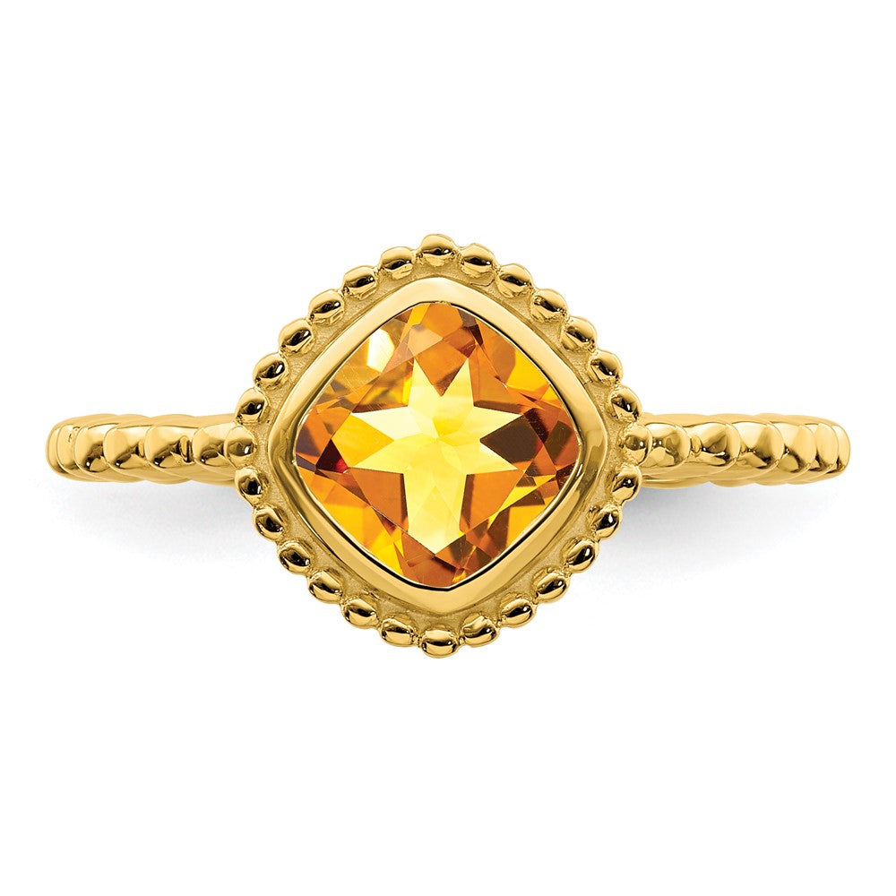 Massiv 14K Gelbgold Kissen Synthetisch Citrin Ring