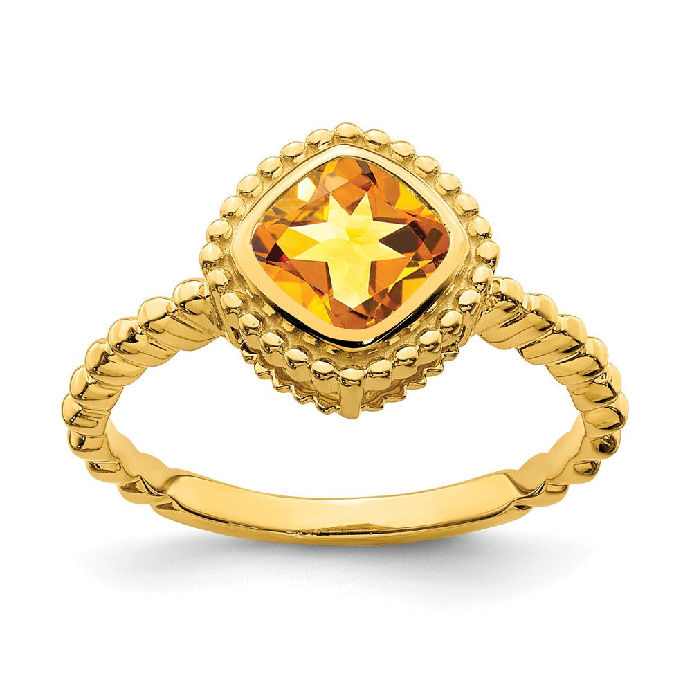 Massiv 14K Gelbgold Kissen Synthetisch Citrin Ring