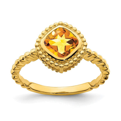 Massiv 14K Gelbgold Kissen Synthetisch Citrin Ring