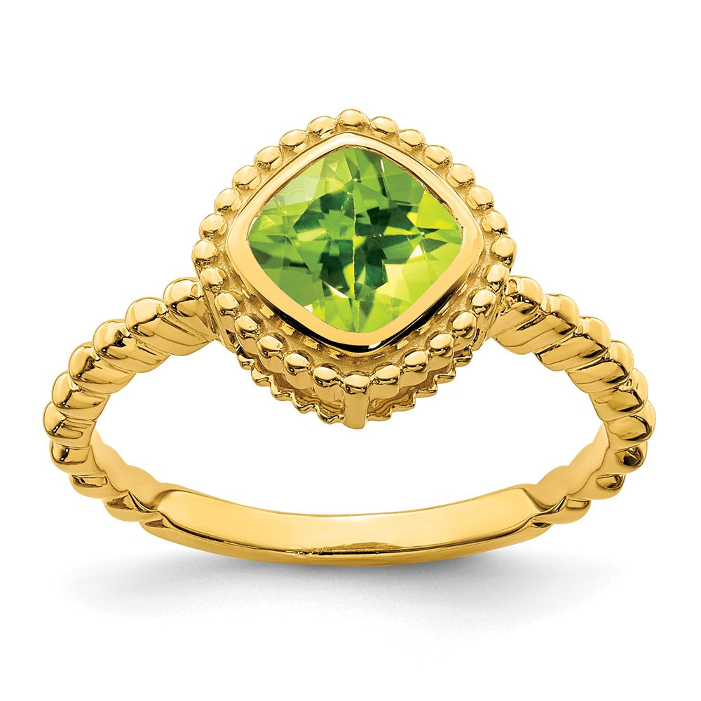 Massiv 14K Gelbgold Kissen Synthetisch Peridot Ring