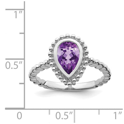 Massiv 14K Weißgold Tropfen Synthetisch Amethyst Ring