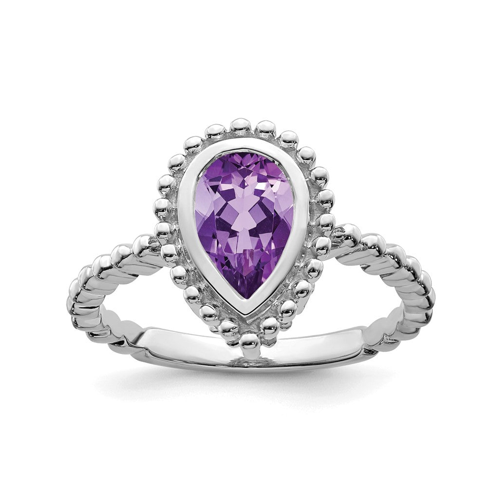 Massiv 14K Weißgold Tropfen Synthetisch Amethyst Ring