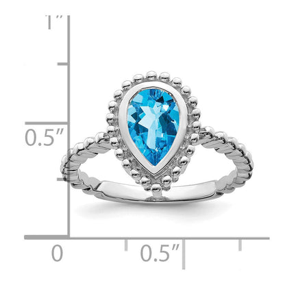 Massiv 14K Weißgold Tropfen Synthetisch Blautopas Ring