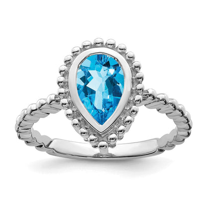 Massiv 14K Weißgold Tropfen Synthetisch Blautopas Ring