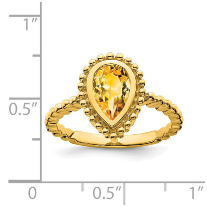 Massiv 14K Gelbgold Tropfen Synthetisch Citrin Ring