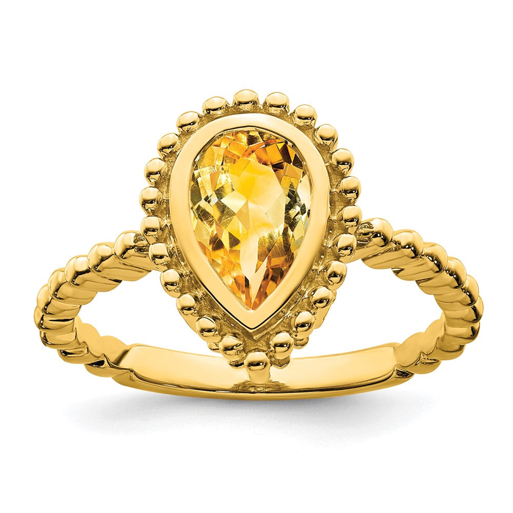 Massiv 14K Gelbgold Tropfen Synthetisch Citrin Ring