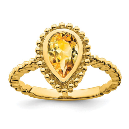 Massiv 14K Gelbgold Tropfen Synthetisch Citrin Ring
