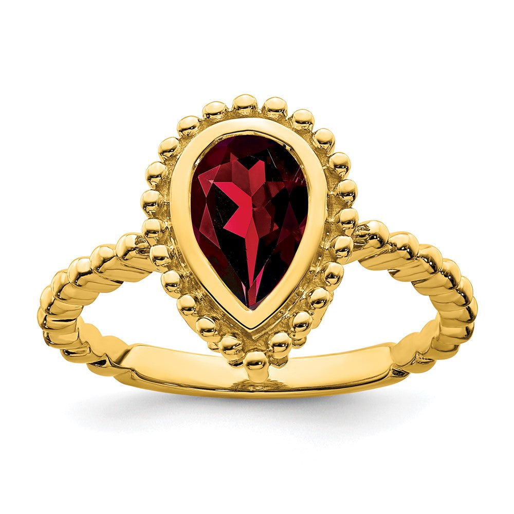 Massiv 14K Gelbgold Tropfen Synthetisch Granat Ring