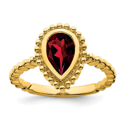Massiv 14K Gelbgold Tropfen Synthetisch Granat Ring