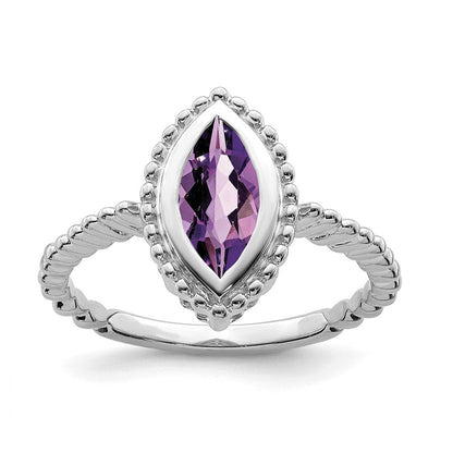 Massiv 14K Weißgold Marquise Synthetisch Amethyst Ring