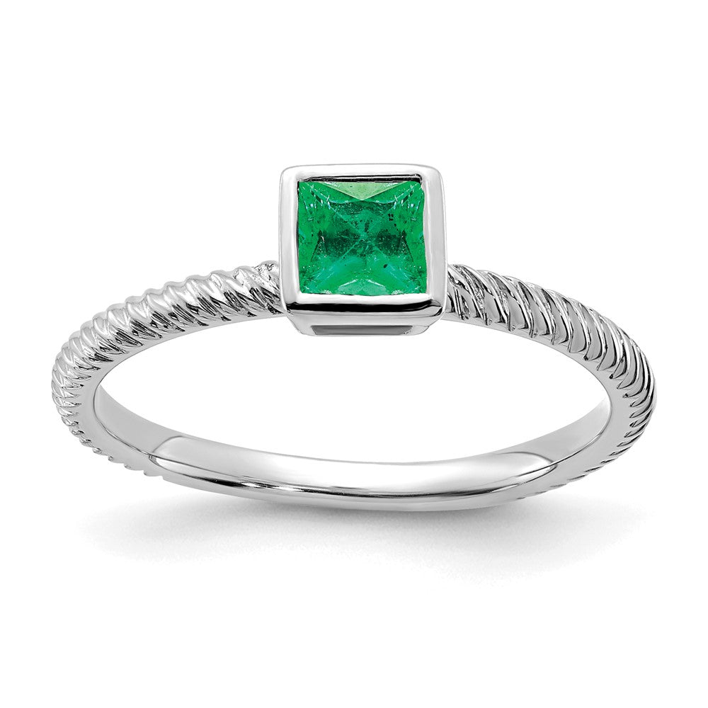 14K Weißgold Ring mit quadratischer Zargenfassung und Smaragd