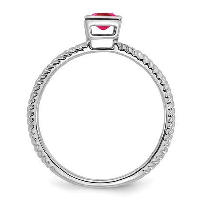 Massiv 14K Weißgold Quadratisch Zargenfassung Synthetisch Rubin Ring
