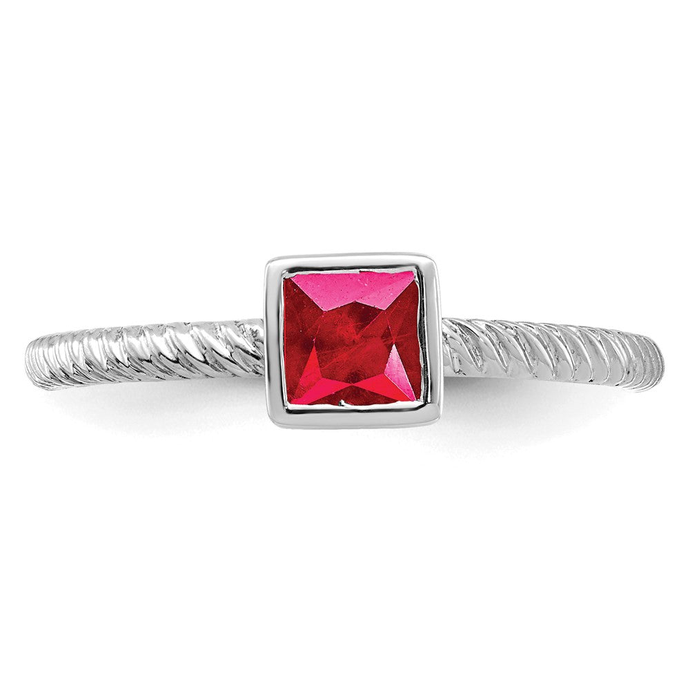 Massiv 14K Weißgold Quadratisch Zargenfassung Synthetisch Rubin Ring