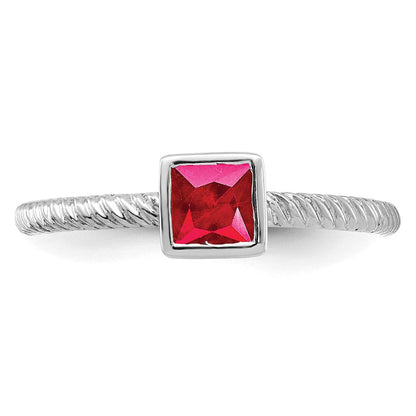 Massiv 14K Weißgold Quadratisch Zargenfassung Synthetisch Rubin Ring